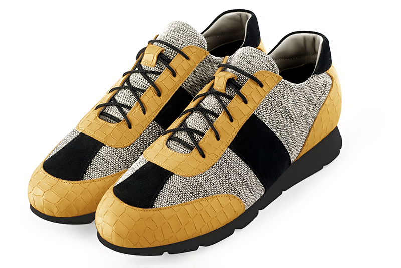Mustard yellow, ash grey and matt black three-tone dress sneakers for men. Round toe. Flat rubber soles - Florence KOOIJMAN